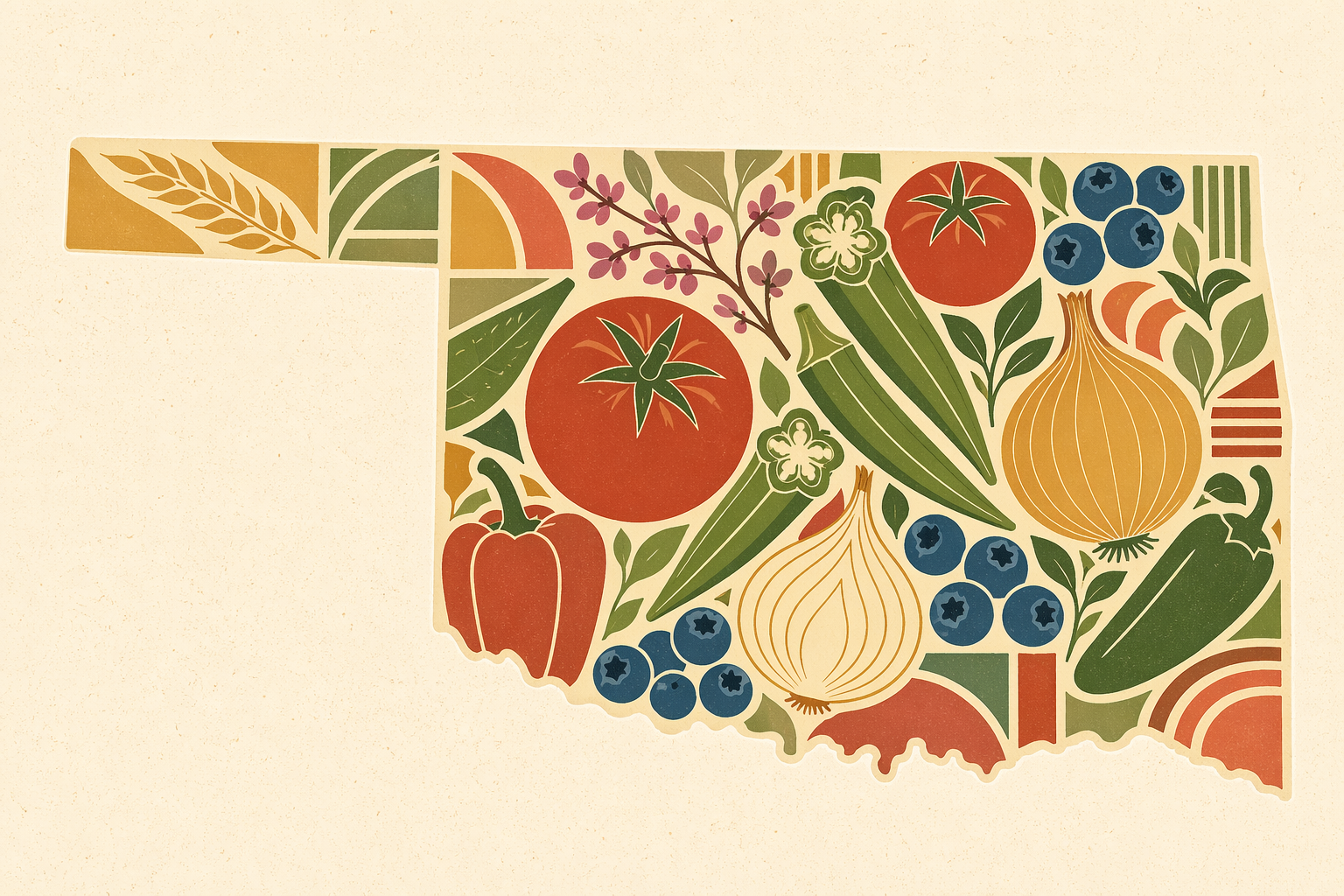 Illustrated produce in shape of Oklahoma